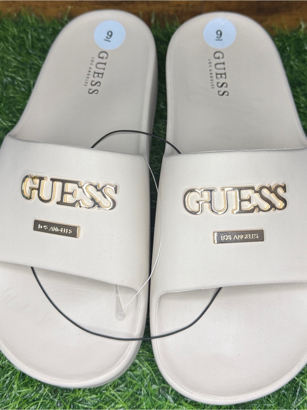 Guess Cream Slides with Gold Logo Hardware